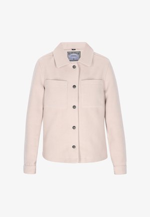 Pink wool blend jacket with a collar, two chest pockets, and black buttons. Designed with long sleeves and a straight fit.