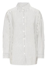 White button-up shirt with thin navy vertical stripes, pointed collar, and long sleeves. Features a relaxed fit and button closures down the front.