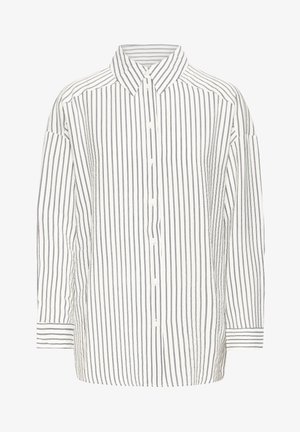 Cămașă albă cu dungi verticale subțiri în nuanța navy, guler ascuțit și mâneci lungi. Prezintă o croială lejeră și închidere cu nasturi pe toată lungimea frontală.