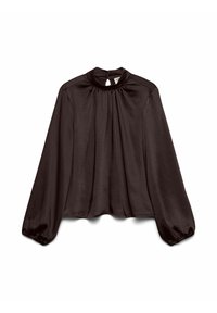 Blusa negra de manga larga con cuello alto y tela suavemente fruncida, con una abertura en forma de gota en la espalda y puños elásticos.