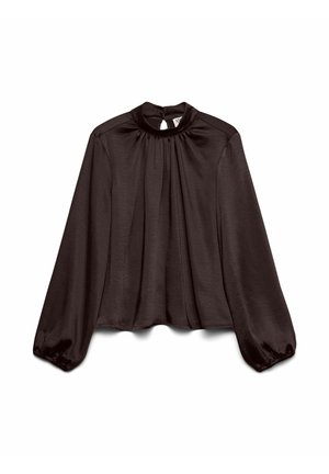 Czarna bluzka z długim rękawem, z wysokim kołnierzem i delikatnie marszczonym materiałem, z wycięciem w kształcie klucza na plecach oraz rękawami z elastycznymi mankietami.