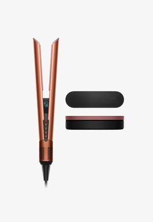 Kupferfarbener Haarglätter mit abgerundeten Kanten, digitaler Anzeige, mehreren Tasten und strukturiertem Griff. Inklusive schwarzer Aufbewahrungstasche.