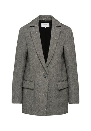 Szary żakiet w deseń houndstooth z wyciętym klapą, z pojedynczym zapięciem na guzik, dwiema przednimi kieszeniami i teksturowanym wykończeniem.