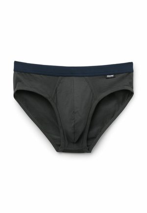 Tmavě šedé bavlněné slipy s námořnickou modrou gumou v pase, které mají tvarovaný návlek a hladký povrch. Jednoduchý design s minimálním brandingem.