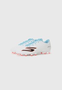 White soccer cleats with a textured upper, light blue laces, black logo, and pink accents on the rubber studs.