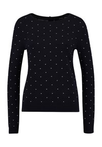 Granatowy sweter z długim rękawem i okrągłym dekoltem, ozdobiony rozsianymi małymi białymi groszkami oraz wykonany z teksturowanej, żebrowanej tkaniny.