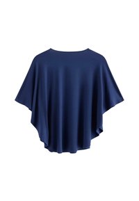 Mörkblå ponchostil topp av mjukt tyg, med en bred, flödande design och en rundad halsringning med korta ärmar.
