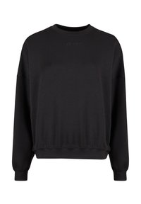 Sweatshirt noir à col rond, coupe décontractée et poignets côtelés. Présente un logo en relief subtil sur le devant. Matière douce avec une finition mate.