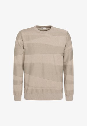 Beige sweater with horizontal stripes in varying textures. Features a crew neck and ribbed cuffs and hem. Soft, knitted material.