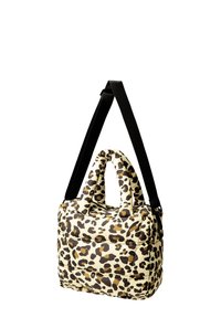 Leopard print handbag with textured, padded fabric. Features two handles and a long, adjustable black strap. Compact rectangular shape.
