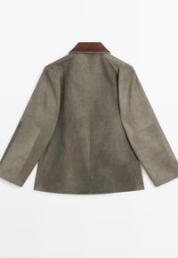 Giacca in suede grigia con maniche lunghe, colletto marrone e cuciture visibili, mostrata da dietro su uno sfondo bianco semplice.