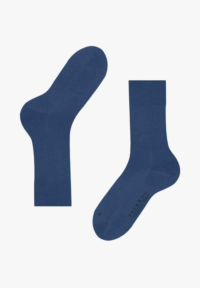Blaue Baumwollsocken mit glatter Textur, verstärkten Fersen und Zehenbereichen. Mit Logo an der Sohle. Standard knöchellanges Design.