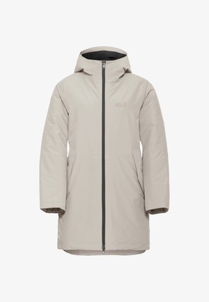 Helle beige wasserdichte Jacke mit einem Frontreißverschluss, Kapuze und zwei seitlichen Taschen. Sie besitzt eine glatte synthetische Textur und dezente Markenkennzeichnung.