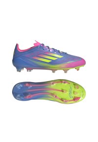 Blue and pink soccer cleats with a gradient design, lightweight material, prominent branding, and a multi-colored sole with studs.