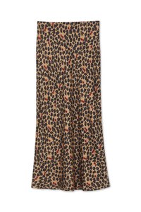 Leoparda raksta svārki brūnā krāsā, ar melniem plankumiem un sarkanām akcentiem, izgatavoti no gludas, elastīgas auduma ar izpletumu.