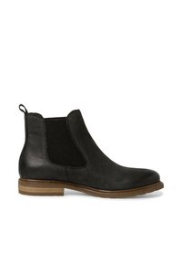 Schwarze Leder Chelsea-Boots mit strukturierten Seitenpanelen, glatter Oberfläche und Holzsohle. Enthält eine Schlaufe für ein einfaches Anziehen.