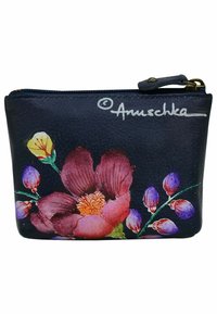 Navy lederen ritstas met een bloemmotief in roze, geel en paars. Beschikt over een gestructureerd oppervlak en een reliëf merkl logo.