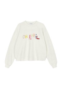 Fehér pulóver, amelyen sokszínű hímzés látható, "OH APRIL" felirattal, laza szabással és bordázott mandzsettákkal. Puha, texturált anyag.