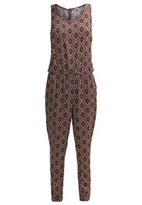 Combinaison à motifs avec un design en losange dans des teintes sombres avec des accents jaunes et violets, sans manches, taille élastique, jambes fuselées.