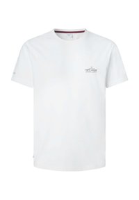 Hvit kortermet T-skjorte fra Pepe Jeans med liten svart tekstlogo på venstre bryst og erme, med rund halsutskjæring.