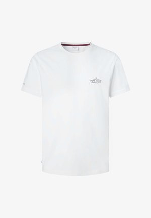 Valge lühikeste varrukatega Pepe Jeans T-särk, mille vasakul rinnal ja varrukal on väike must teksti logo, ümmarguse kaelusega.
