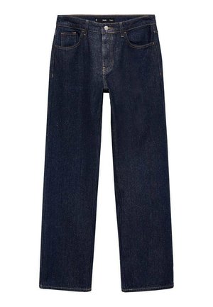 Temno modri jeans z ravnim krojem, petimi žepi, gumbom za zapiranje in kontrastnimi šivi. Površina je gladka z rahlim sijajem.