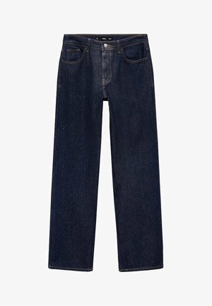 Temno modri jeans z ravnim krojem, petimi žepi, gumbom za zapiranje in kontrastnimi šivi. Površina je gladka z rahlim sijajem.