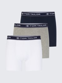 Tre mäns kalsonger i marinblått, ljusgrått och vitt med svarta midjeband märkta "Tom Tailor."