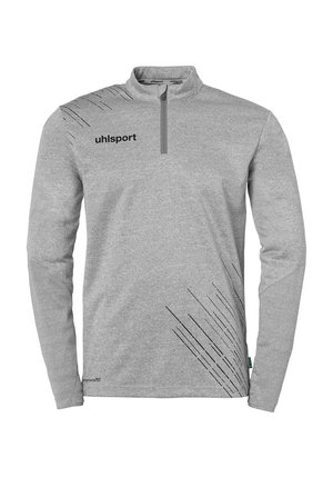 Lys grå langærmet skjorte med kvart-zip krave, der har sorte diagonale linjer og "uhlsport" logo på brystet. Blød stofstruktur.