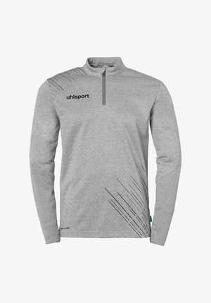 Lys grå langærmet skjorte med kvart-zip krave, der har sorte diagonale linjer og "uhlsport" logo på brystet. Blød stofstruktur.