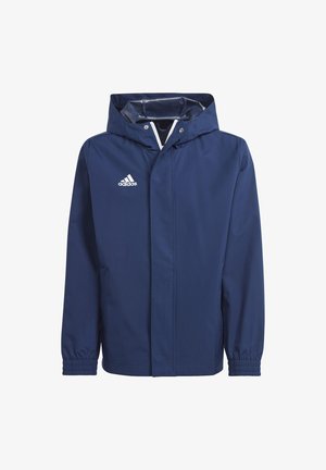 Navy blue rain jacket with a hood, elastic cuffs, and white Adidas logo on the left chest. Smooth, water-resistant fabric.