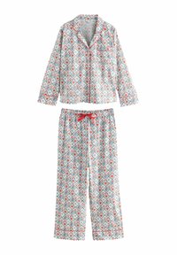 Blümchenmuster-Pyjama-Set mit einem knöpfbaren Langarmoberteil mit Brusttasche und elastischen Hosen, beide in Hellblau, Rot und Weiß.
