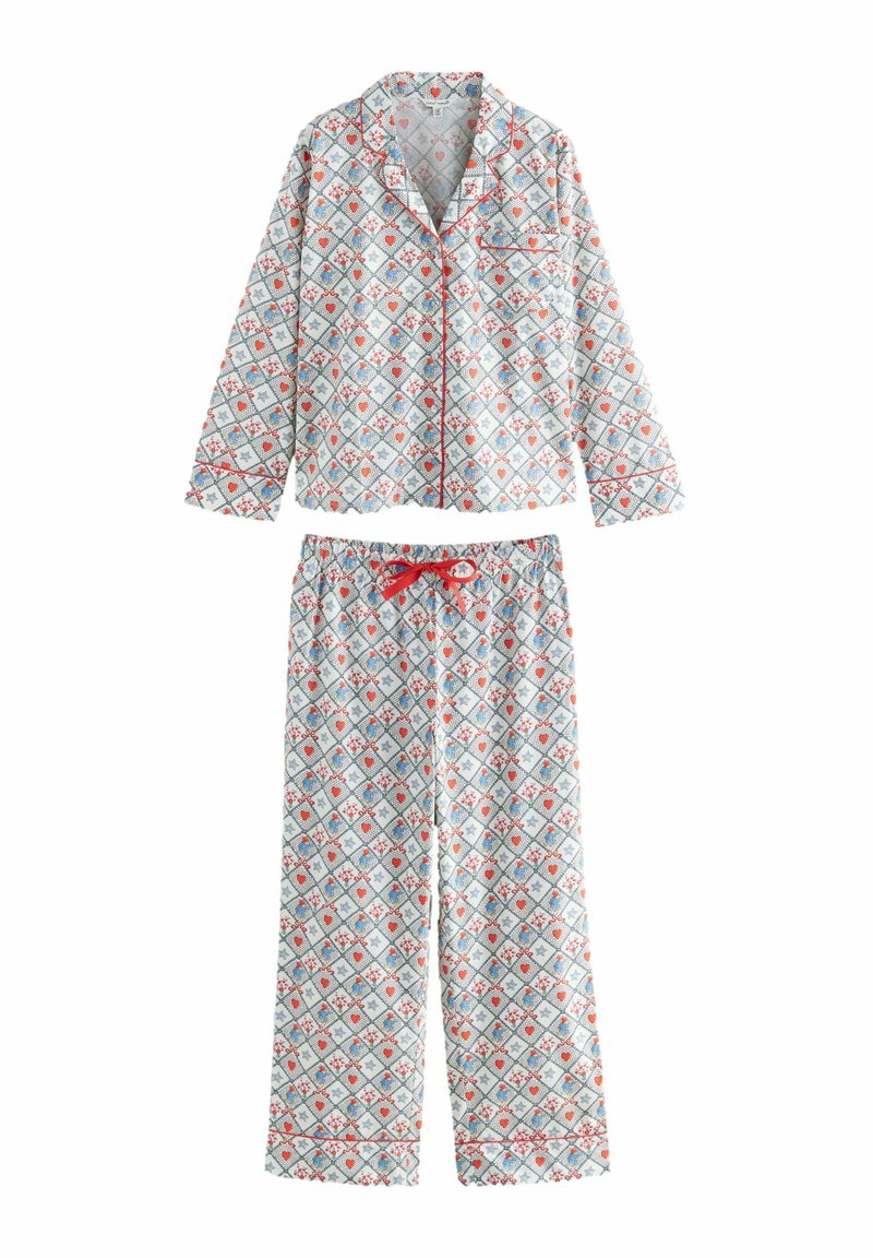 Blümchenmuster-Pyjama-Set mit einem knöpfbaren Langarmoberteil mit Brusttasche und elastischen Hosen, beide in Hellblau, Rot und Weiß.