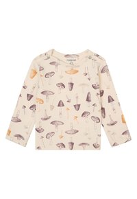 Langärmliges Hemd in Creme mit einem Pilzmuster in Lila und Orange. Verfügt über Druckknöpfe an den Schultern für ein einfaches Ankleiden; weicher, strukturierter Stoff.