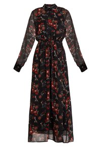 Schwarzes maxikleid mit floralen Mustern, langen transparenten Ärmeln, durchgehender Knopfleiste, elastischem Taillenbund und einer Mischung aus roten, weißen und grünen Blumenmustern.
