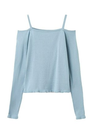 Haut bleu clair à manches longues, style épaules dénudées avec fines bretelles et encolure droite, fabriqué en tissu doux et léger.