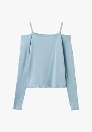 Haut bleu clair à manches longues, style épaules dénudées avec fines bretelles et encolure droite, fabriqué en tissu doux et léger.