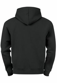 Schwarzer Kapuzenpullover mit einer geräumigen Kapuze, langen Ärmeln und gerippten Bündchen sowie Saum. Hergestellt aus weichem Stoff mit glatter Textur. Rückansicht gezeigt.