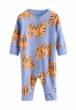 Modrý bavlnený overal s oranžovým potlačou tigra, dlhé rukávy, zacvakávacie gombíky na prednej strane a manžety na členkoch. Obsahuje rôzne pózy tigra.