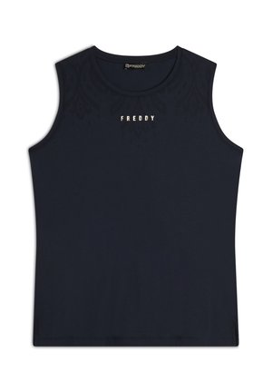 Top sin mangas de algodón en color azul marino. Presenta un escote redondo, sin mangas, y un patrón sutil con el logo dorado "FREDDY" en la parte frontal.