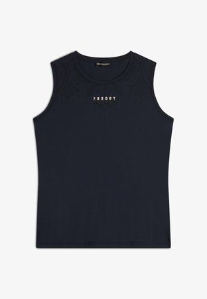 Top sin mangas de algodón en color azul marino. Presenta un escote redondo, sin mangas, y un patrón sutil con el logo dorado "FREDDY" en la parte frontal.