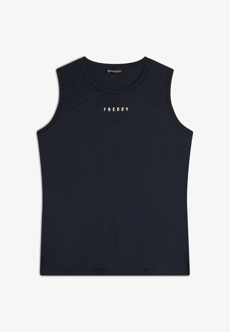 Top sin mangas de algodón en color azul marino. Presenta un escote redondo, sin mangas, y un patrón sutil con el logo dorado "FREDDY" en la parte frontal.