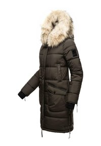 Dark green puffer coat with a fur-trimmed hood, featuring zippered pockets and ribbed cuffs, padded design with vertical stitching.