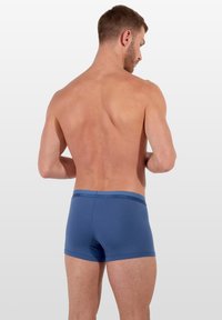 Pánské modré boxerky s jemnou texturou, elastickým pasem a logem, zobrazené zezadu na neutrálním pozadí.