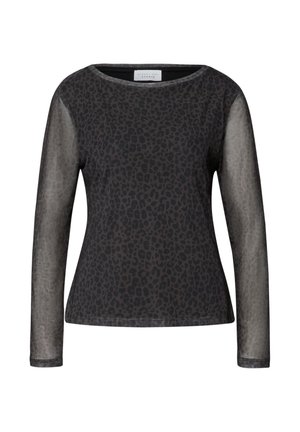 Haut noir à manches longues avec un design en maille transparente à motif léopard, encolure ronde et silhouette ajustée.