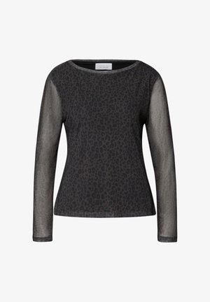 Zwarte longsleeve top met een sheer mesh ontwerp en een luipaardprintpatroon, ronde halslijn en aansluitende snit.