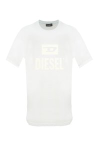 T-shirt a maniche corte con collo a giro bianco del marchio Diesel, con logo e testo stampati al centro del fronte.