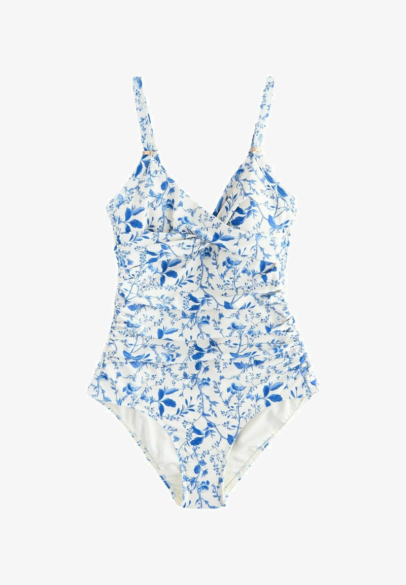 Maillot de bain une pièce blanc avec imprimé floral et oiseau bleu, bretelles réglables et côtés froncés.