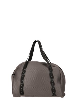 Graue Mesh-Reisetasche mit doppelten schwarzen Griffen. Verfügt über Akzente mit dem "ATHLECIA"-Logo auf den Riemen. Glatte Textur und abgerundete Form.