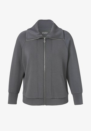 Dark gray zip-up jacket with high collar, long sleeves, cuffed wrists, front pockets, and visible vertical seam details.